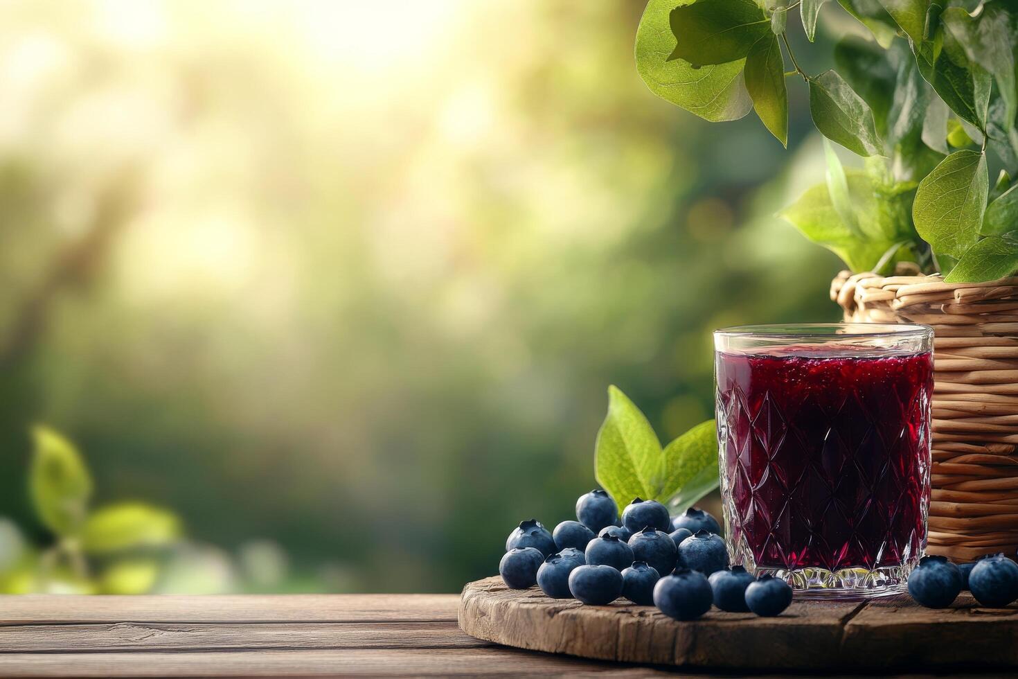 Refreshing blueberry juice next to a basket of blueberries in a sunlit garden photo