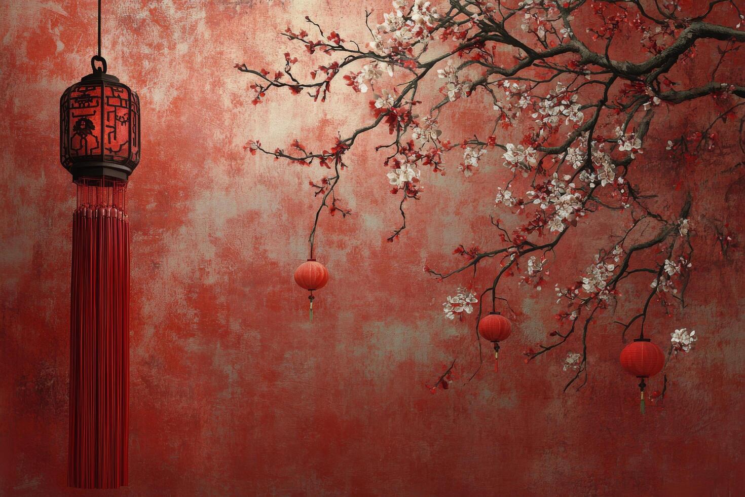 Decorative red lanterns and cherry blossoms create a festive atmosphere for celebrations photo