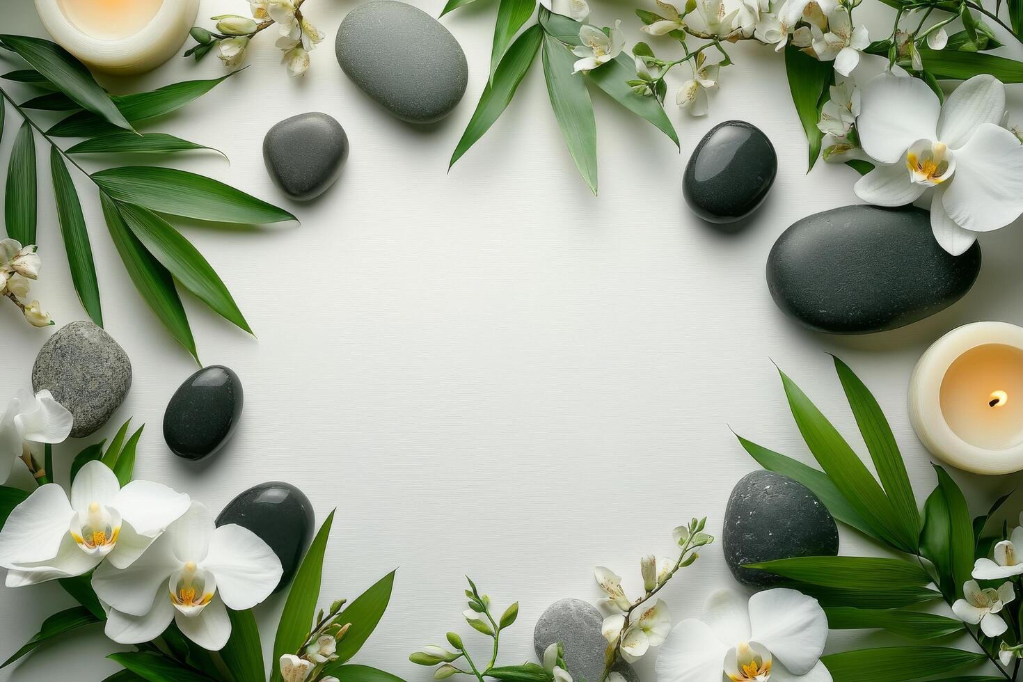 A serene arrangement of orchids, stones, and a candle on a textured surface in a tranquil setting photo