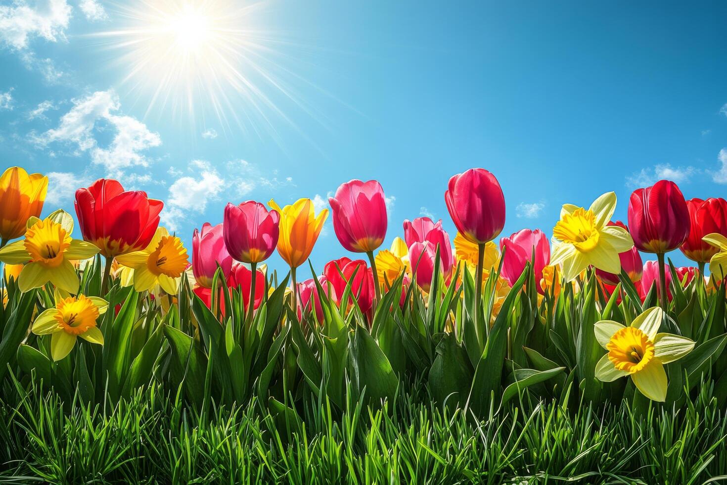 Colorful tulip and daffodil garden blooming under a bright blue sky during springtime photo