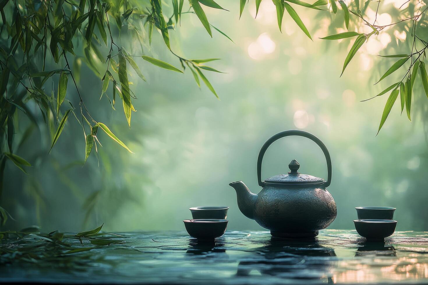 Tranquil tea set among lush bamboo in serene nature during early morning light photo