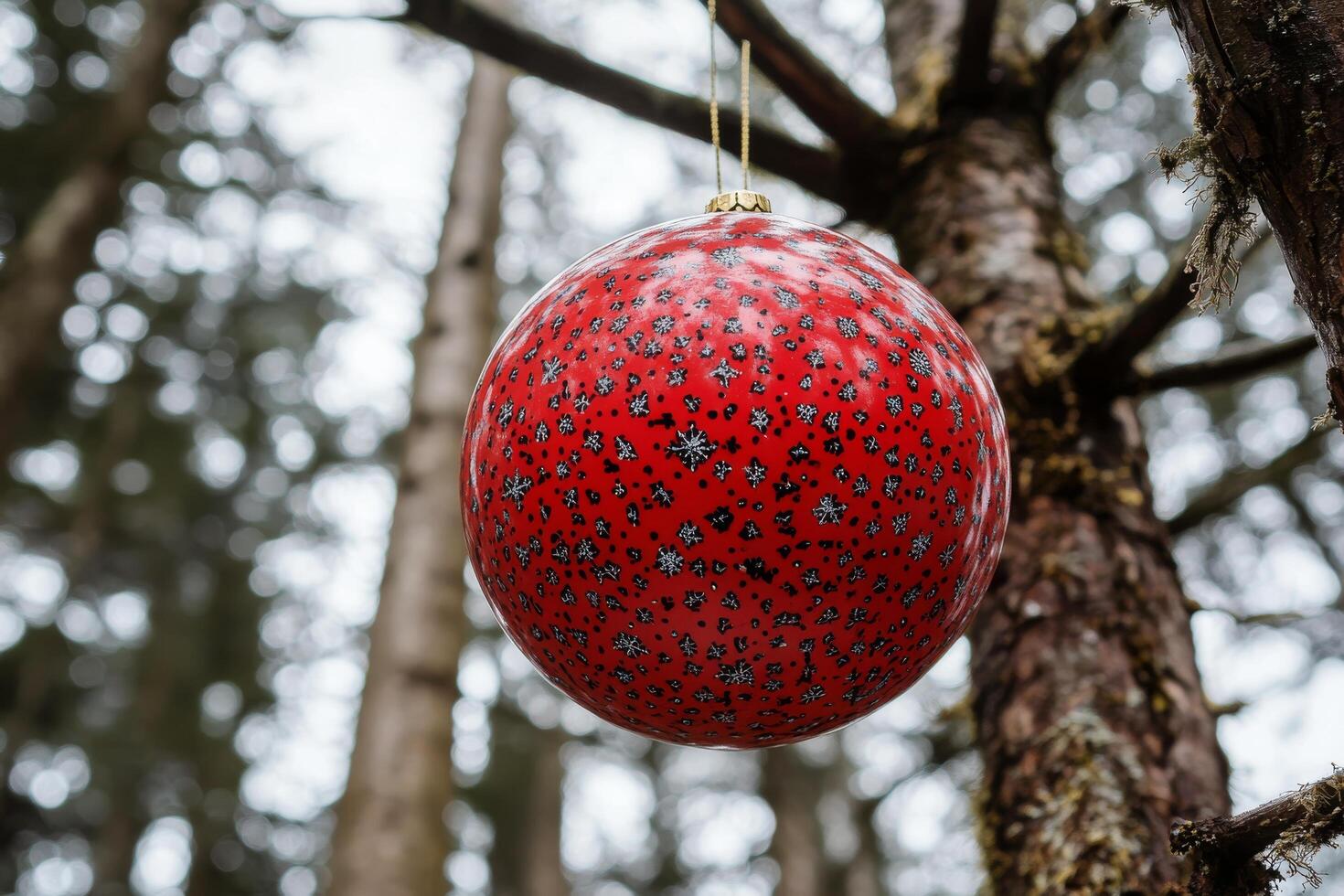 Red Christmas ornament decorated with silver snowflakes hangs on a snowy evergreen tree photo