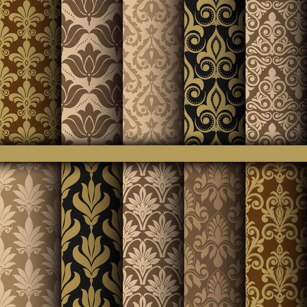 Set Damask pattern background Geometric ethnic oriental ikat seamless pattern traditional Design for background, carpet, wallpaper, clothing, wrapping, Batik, fabric, illustration embroidery. vector