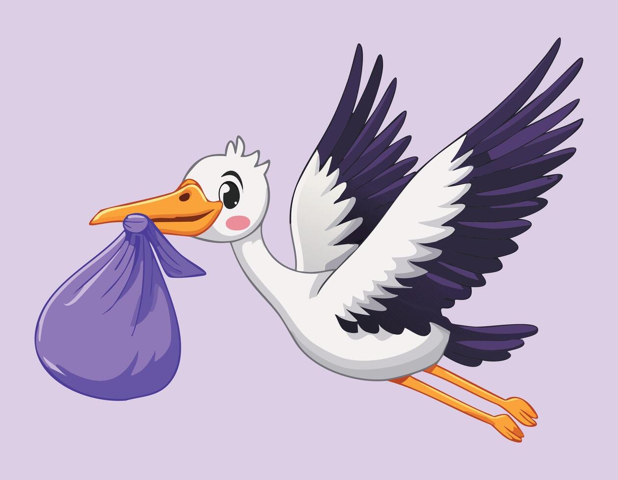cartoon stork flying with a bag of trash vector