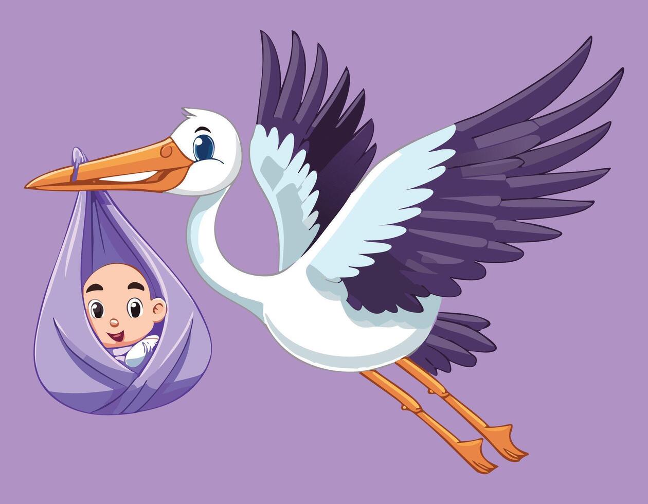 a cartoon stork carrying a baby in a purple bag vector