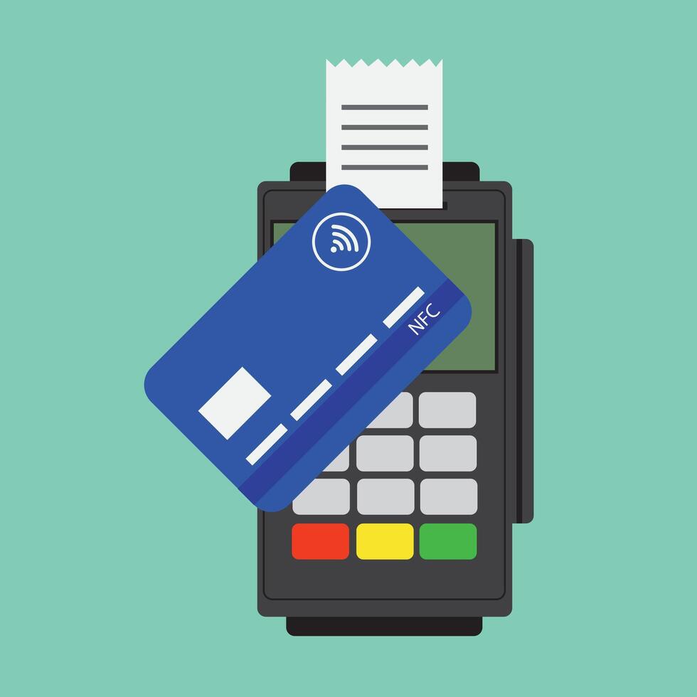 Credit card with mobile and pos terminal for payment isolated. Nfc pay. Icon of contactless pay with help smartphone or debit card. Tap machine in processing. vector