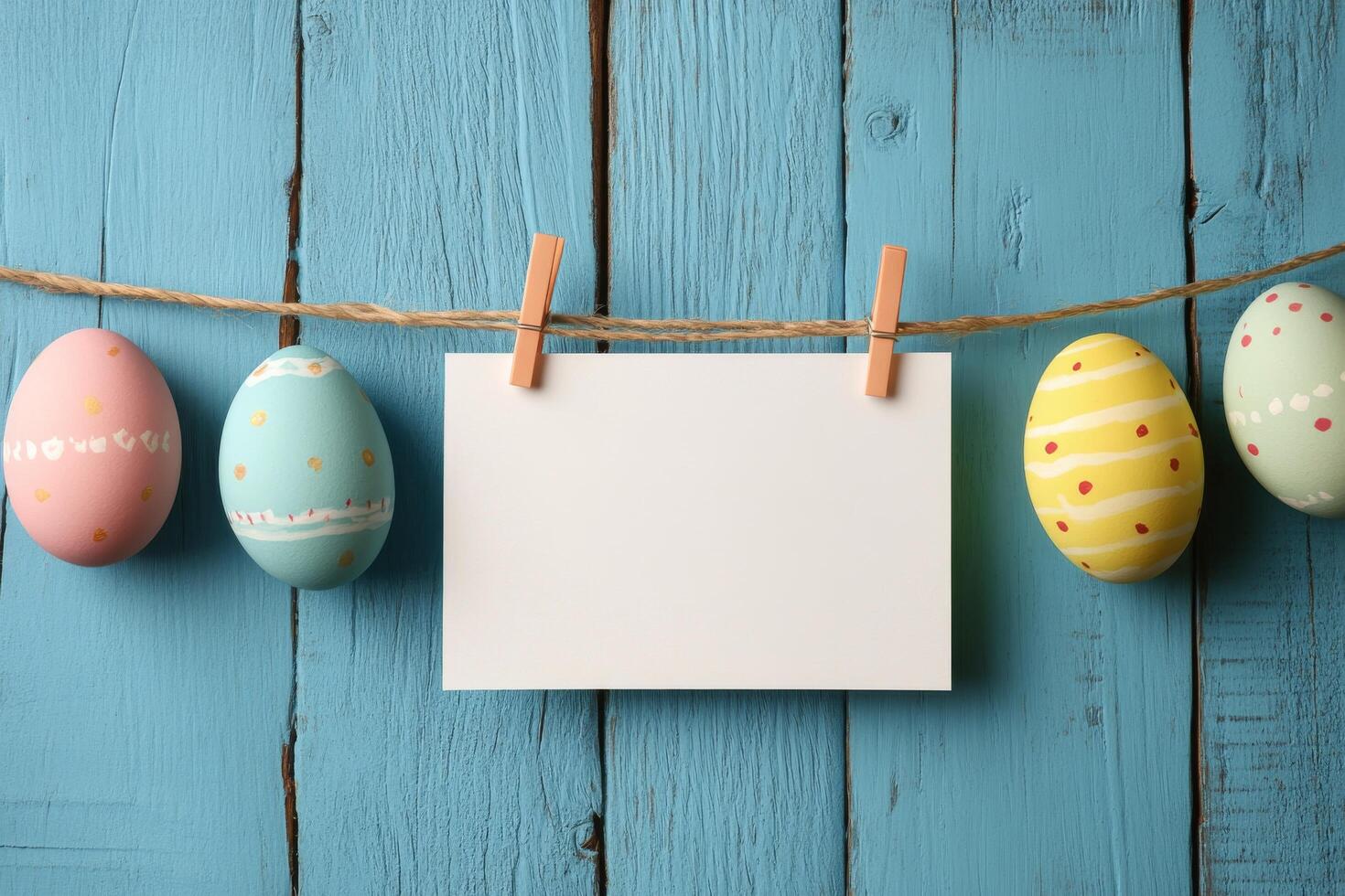 Colorful decorative Easter eggs hanging on a string against a blue wooden background photo