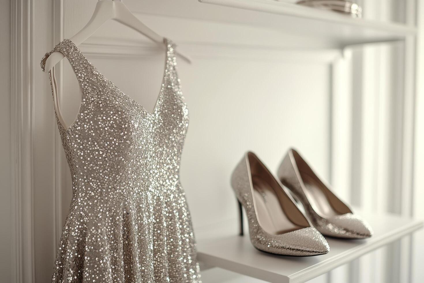 Sparkling silver dress displayed next to elegant high heels in stylish interior photo