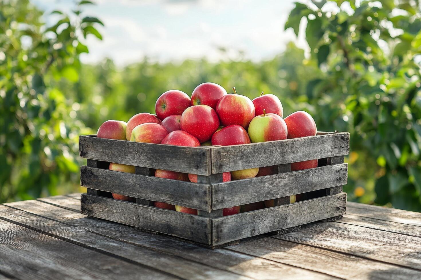 Freshly harvested apples in a wooden crate on a rustic table in an orchard during sunset photo