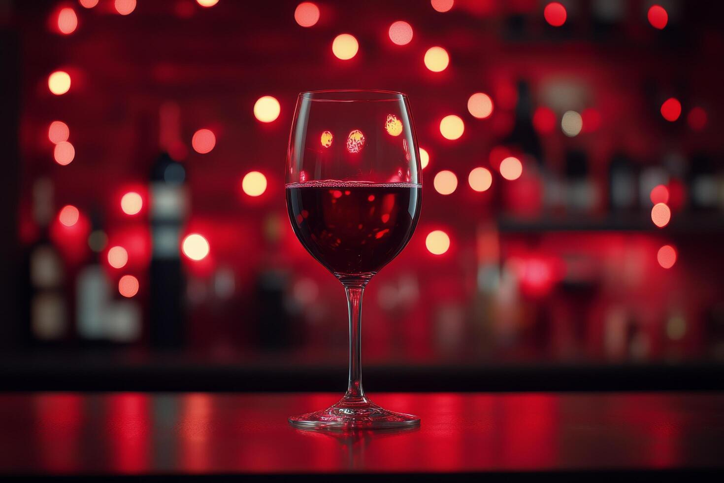 A glass of red wine stands elegantly against a backdrop of glowing red lights photo