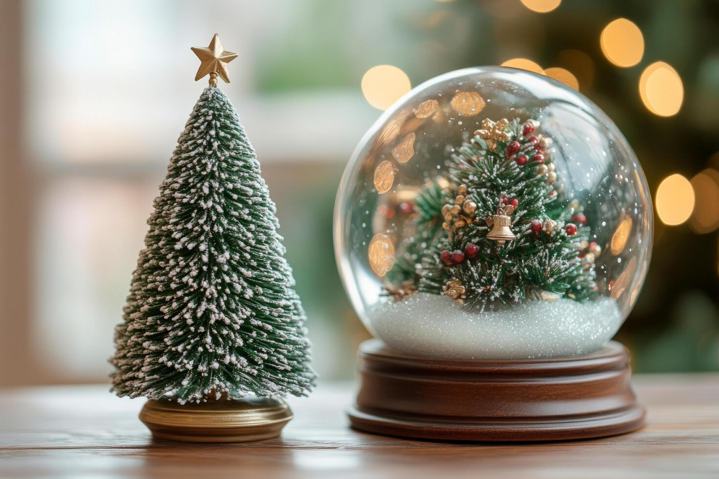 Decorative miniature Christmas tree and snow globe on wooden table with holiday lights in background photo