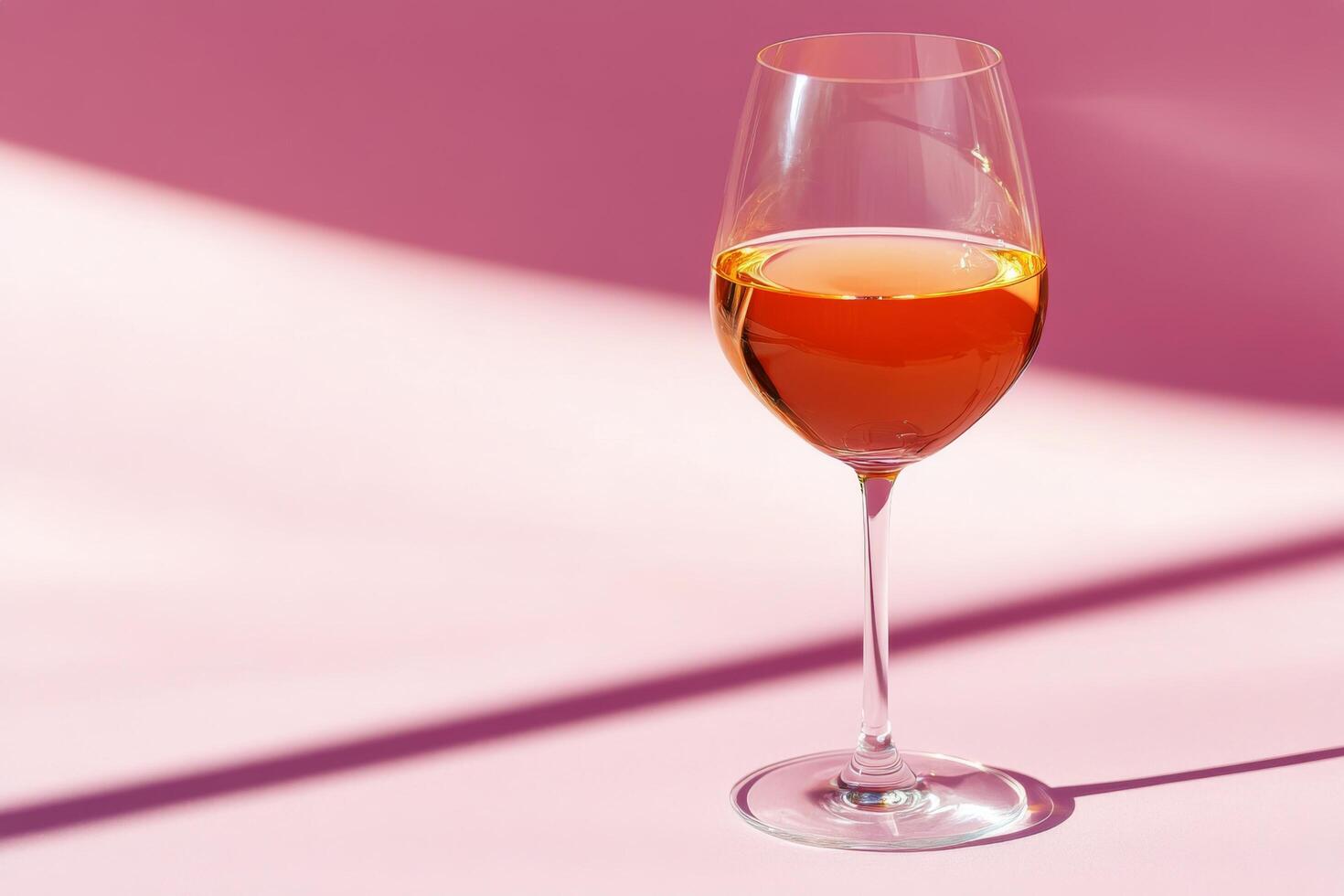 A glass of amber wine on a soft pink background with warm sunlight creating elegant shadows photo