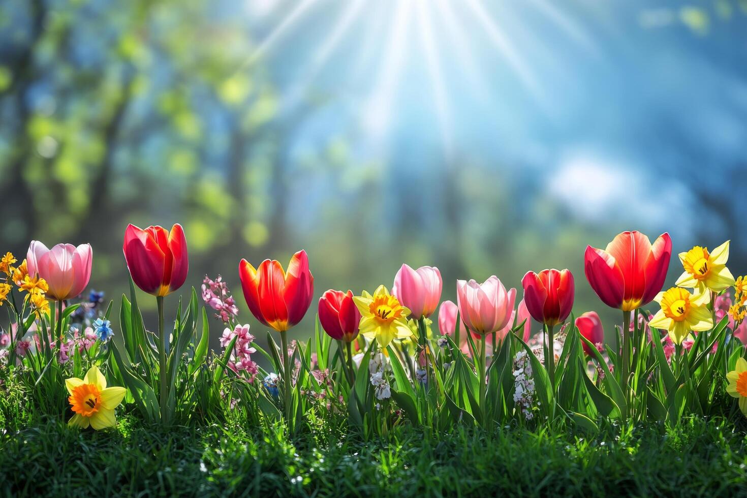 Colorful tulip and daffodil garden blooming under a bright blue sky during springtime photo