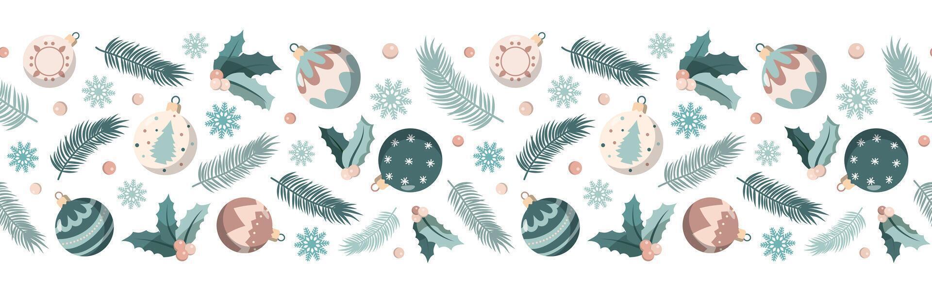 Christmas holiday baubles and fir branches horizontal border pattern. Illustration for Christmas and New Year. Isolated on white background vector