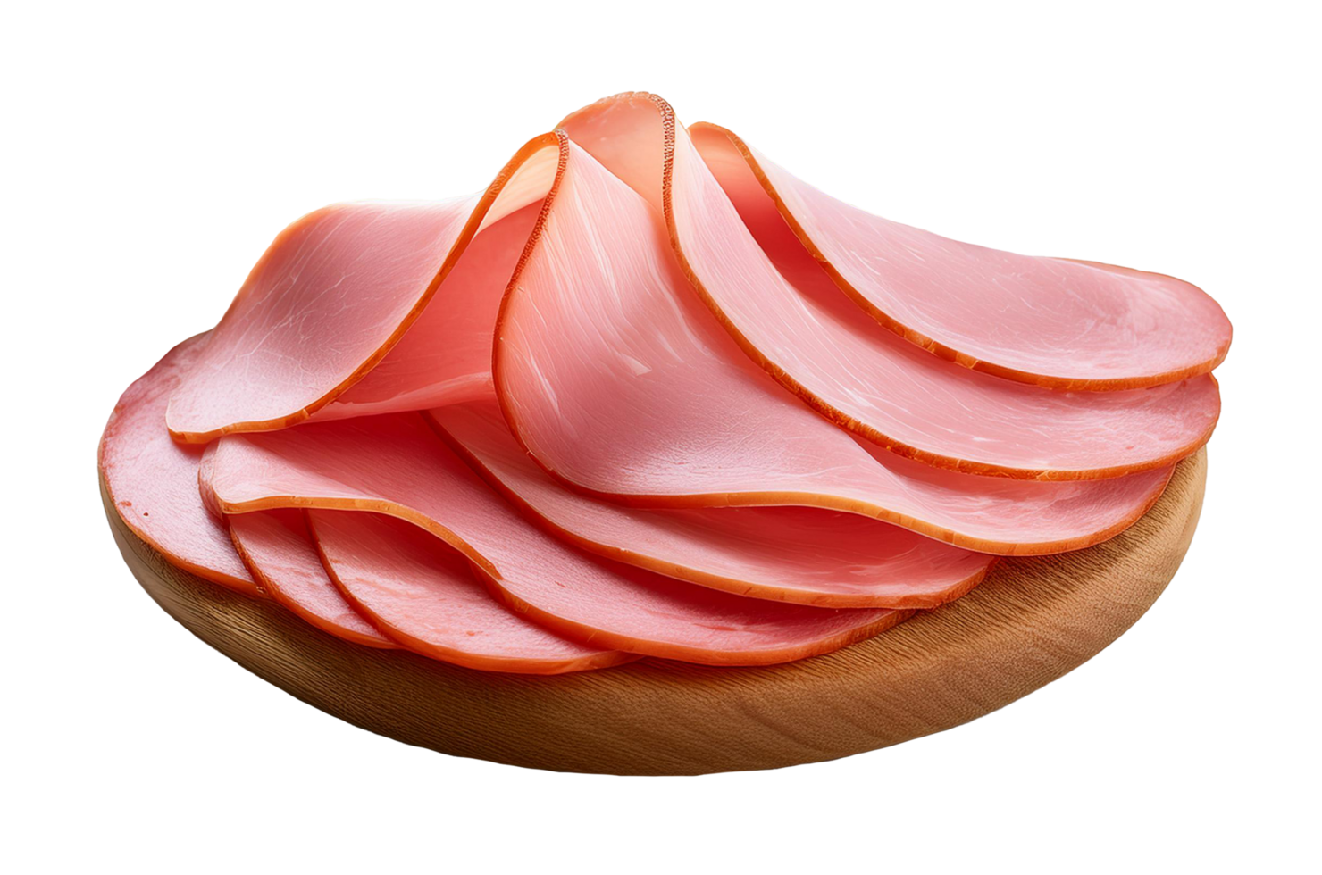 Thinly Sliced Deli Ham on Wooden Platter png