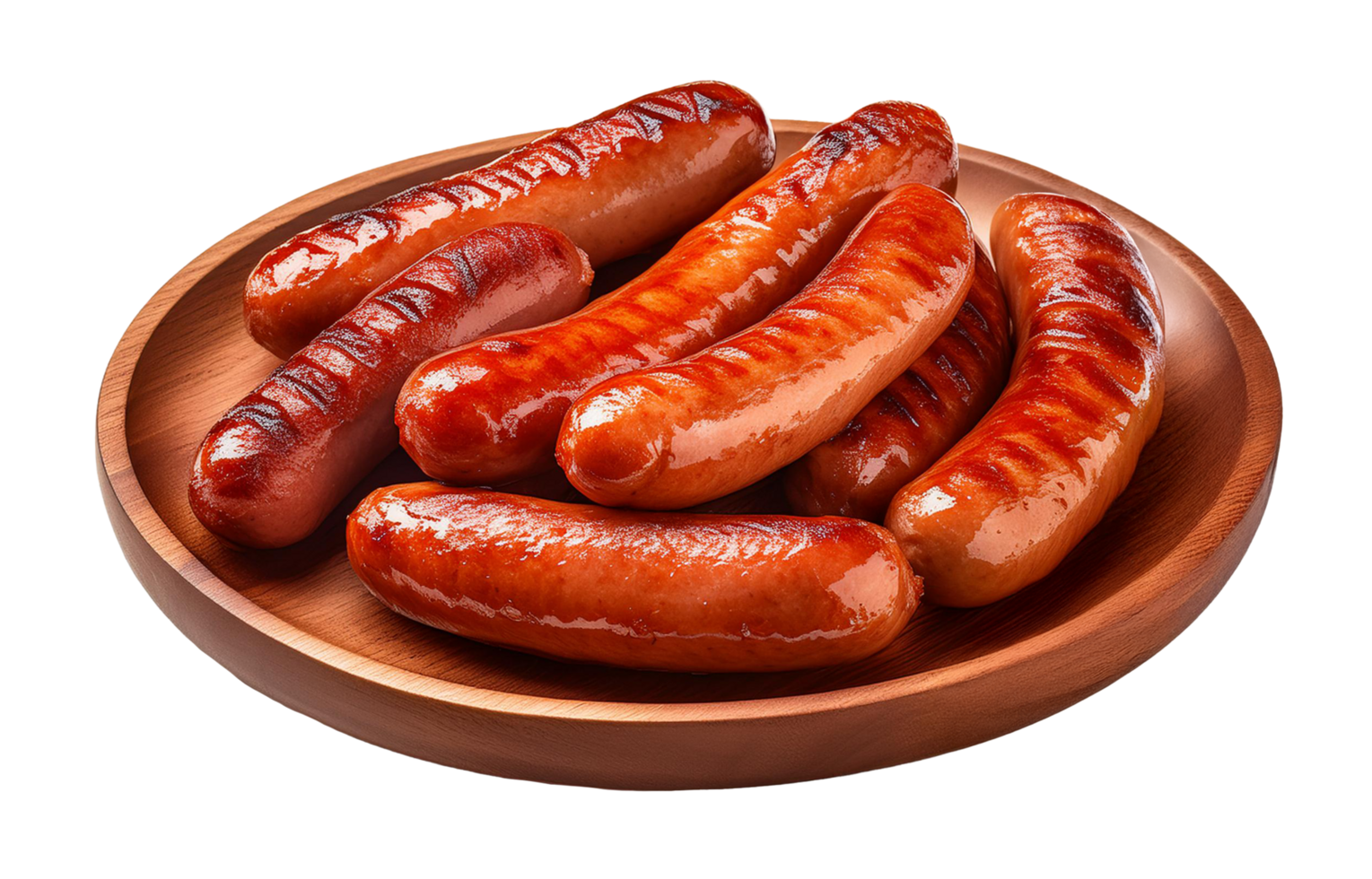 Juicy and Flavorful Grilled Sausages on a Wooden Plate png