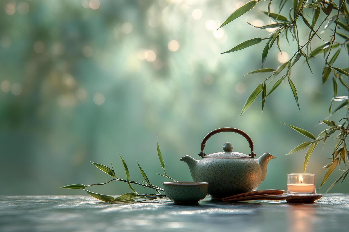 Serene tea setup with a teapot and bowl beside a candle and bamboo in a peaceful environment photo