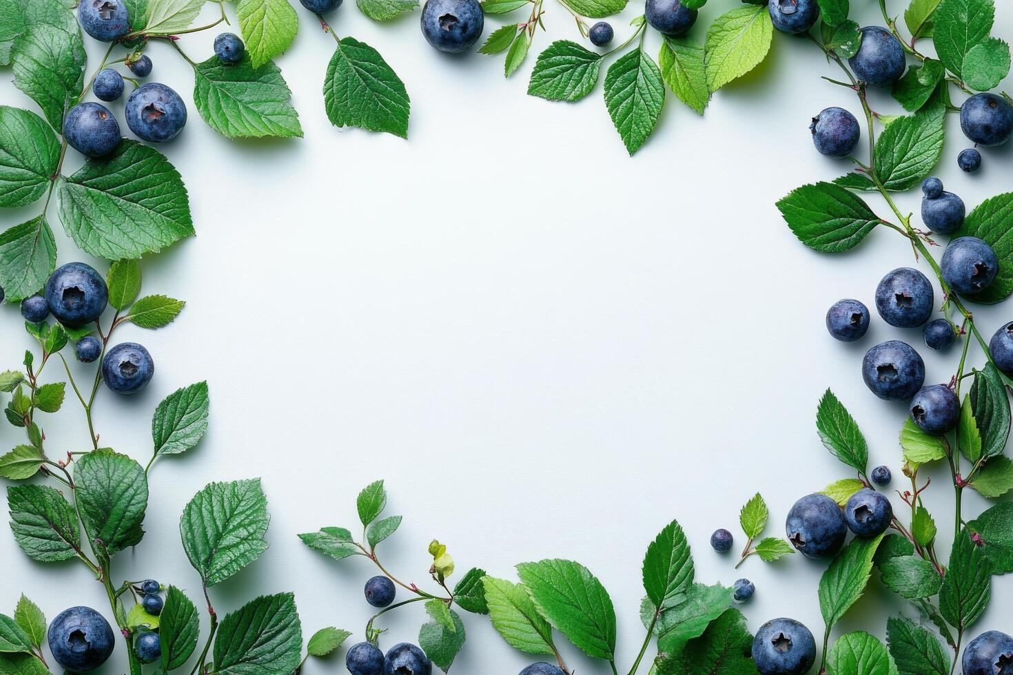 Fresh blueberries and green leaves arranged in a circular pattern on a light background photo