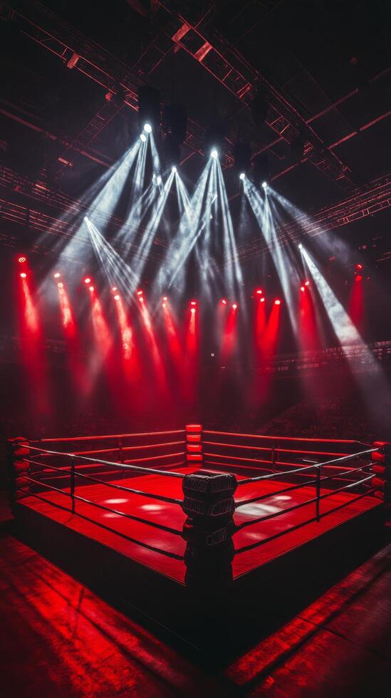 A dimly lit wrestling ring ready for action with vibrant spotlights illuminating the space photo