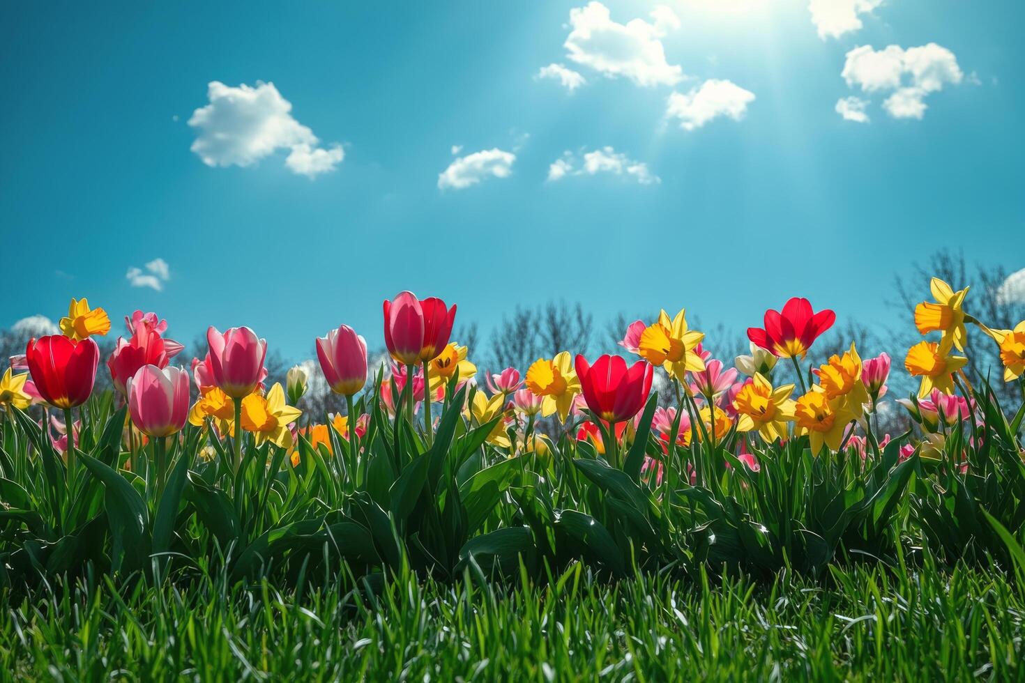 Colorful tulip and daffodil garden blooming under a bright blue sky during springtime photo