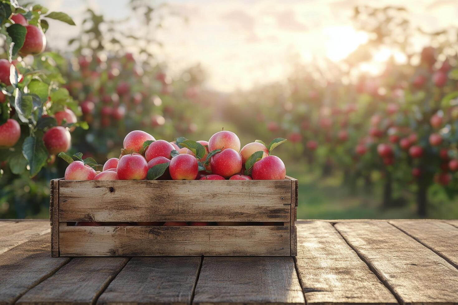 Freshly harvested apples in a wooden crate on a rustic table in an orchard during sunset photo