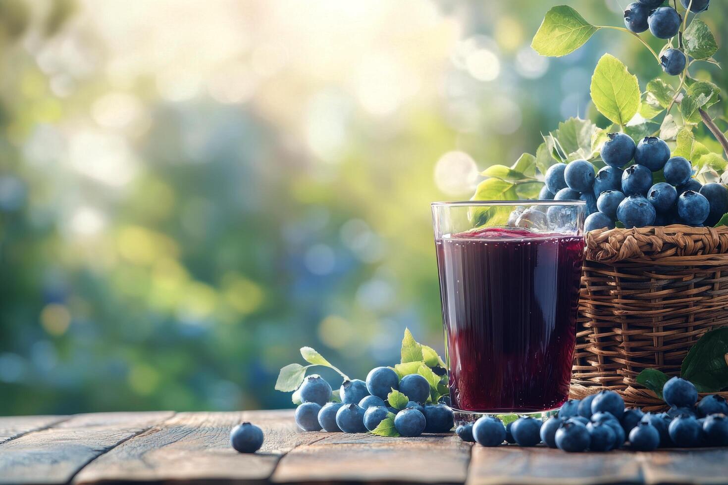 Refreshing blueberry juice next to a basket of blueberries in a sunlit garden photo