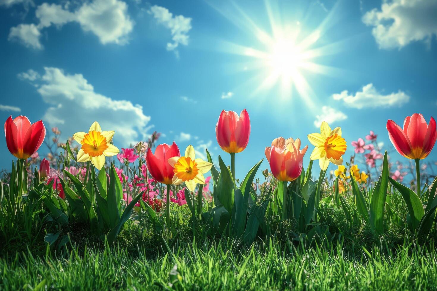 Colorful tulip and daffodil garden blooming under a bright blue sky during springtime photo