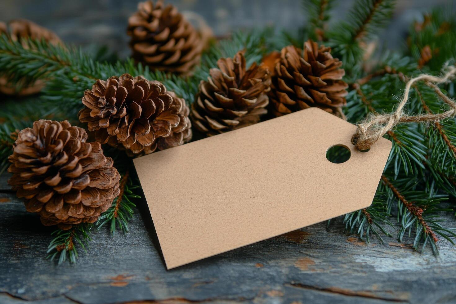 Natural pinecones and a blank gift tag on evergreen branches for holiday decorating ideas photo