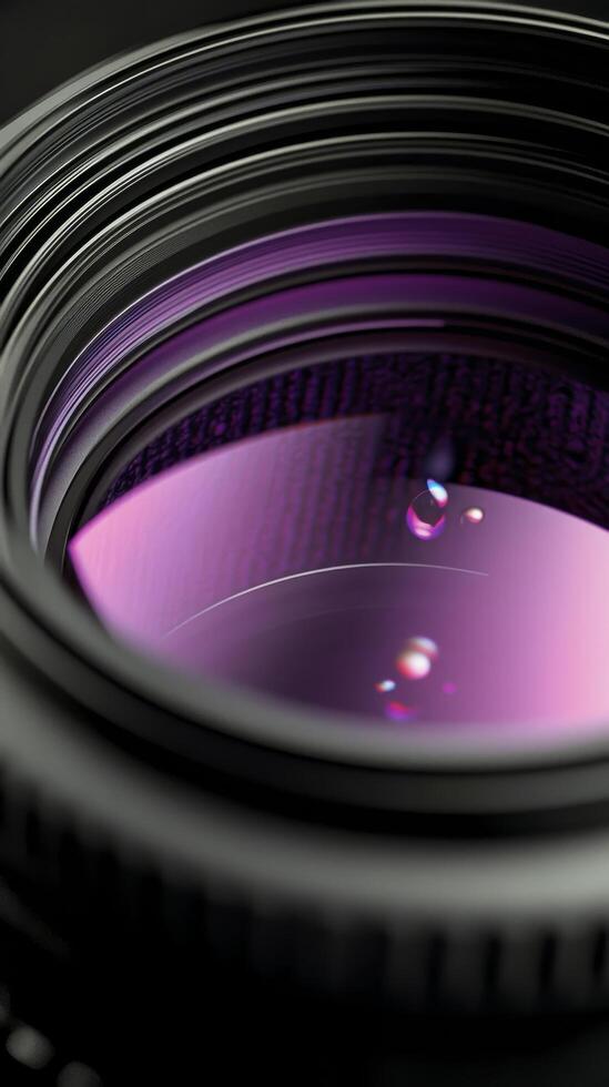 Close up view of a camera lens revealing intricate details and reflections in vibrant colors photo