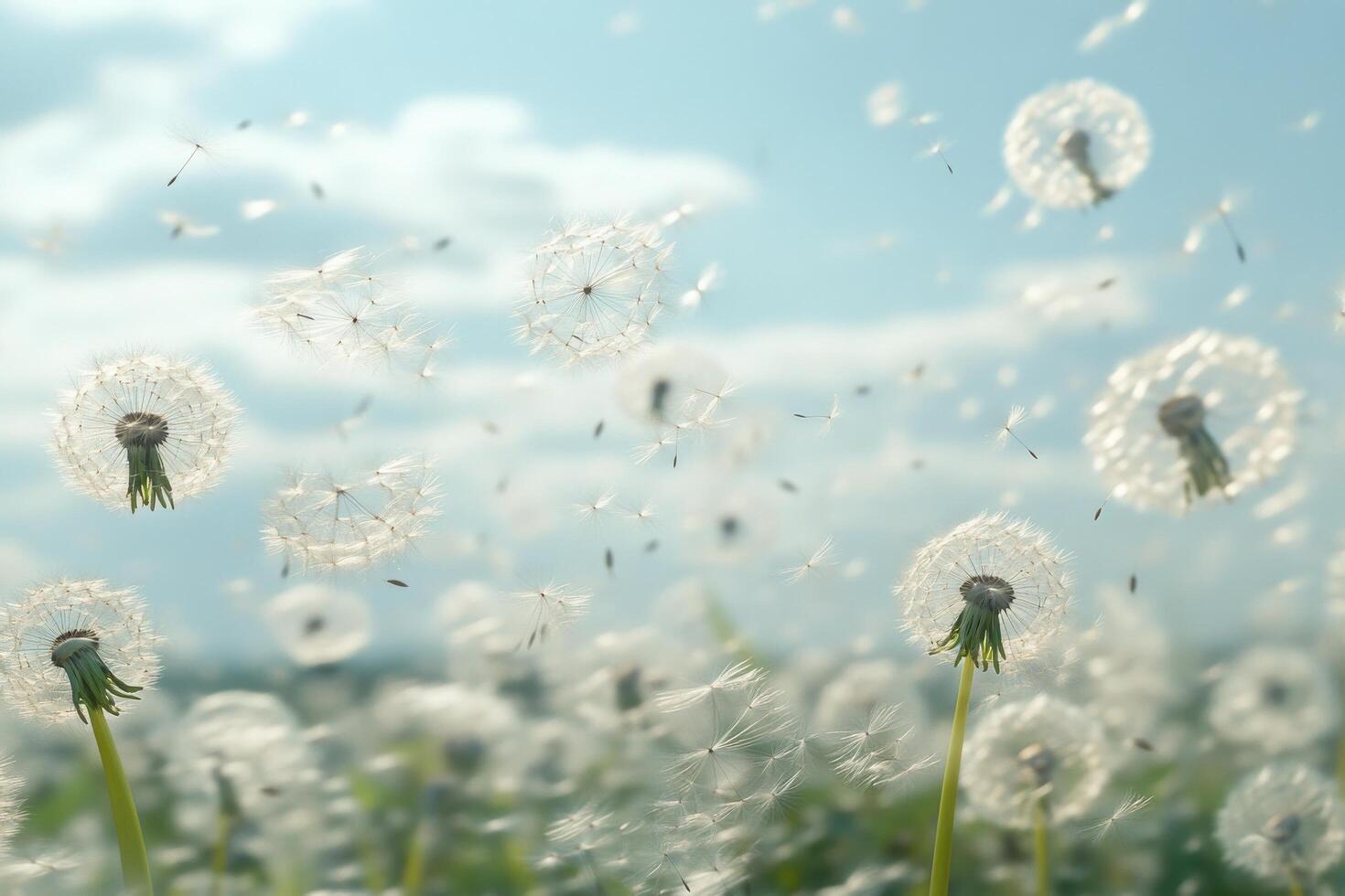 Wispy dandelion seeds drifting across a clear blue sky on a sunny day photo