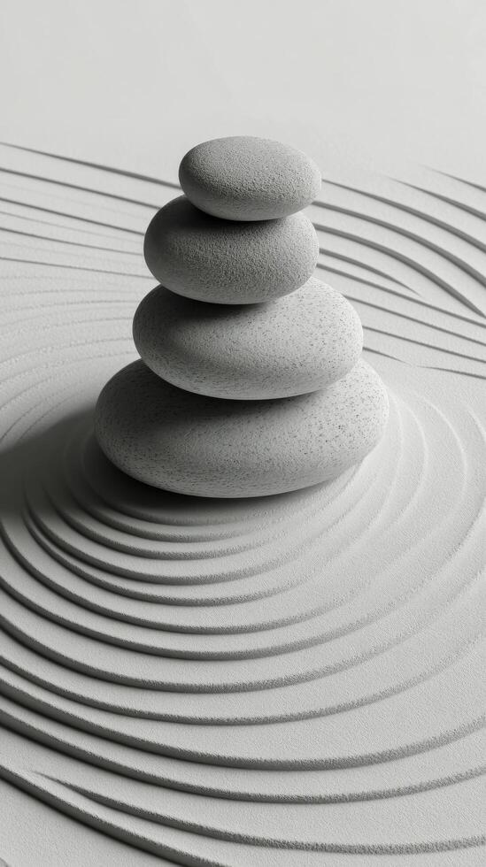 Stacked stones on rippled sand create a calm and balanced landscape in a tranquil setting photo