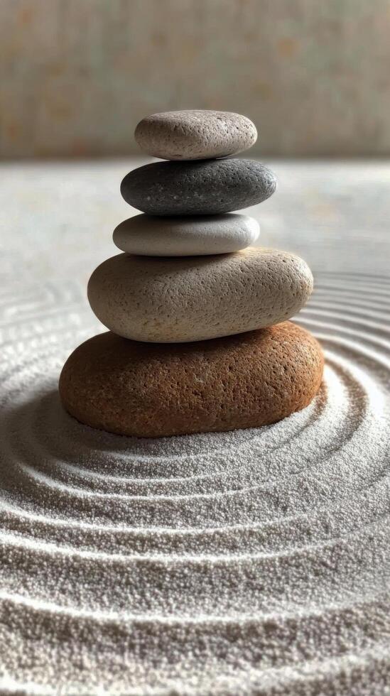 Stacked stones on rippled sand create a calm and balanced landscape in a tranquil setting photo
