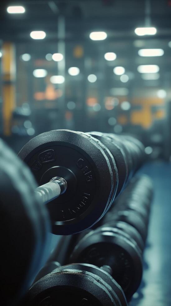 Darkened gym with weights on the floor, illuminated by soft scattered lights during evening workout photo