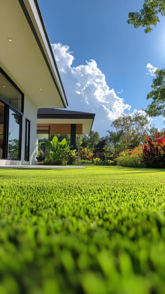Lush green garden with well manicured grass beside a modern house on a sunny day photo