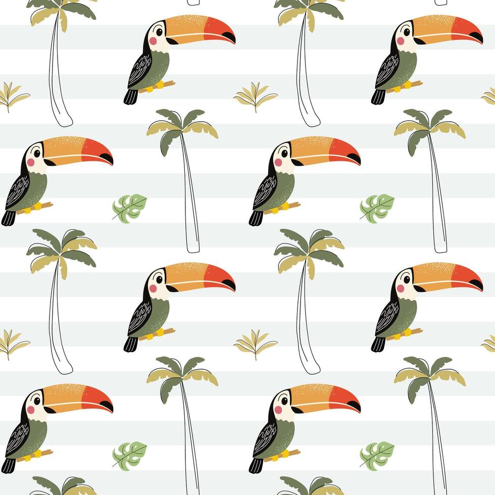 Seamless pattern with cute toucan and palm trees. Childish jungle background. Tropical wallpaper. vector