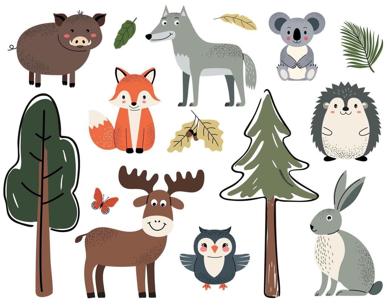Set of cute forest animals. Woodland animals and trees. Elk, fox, owl, boar, hedgehog, koala, rabbit. vector