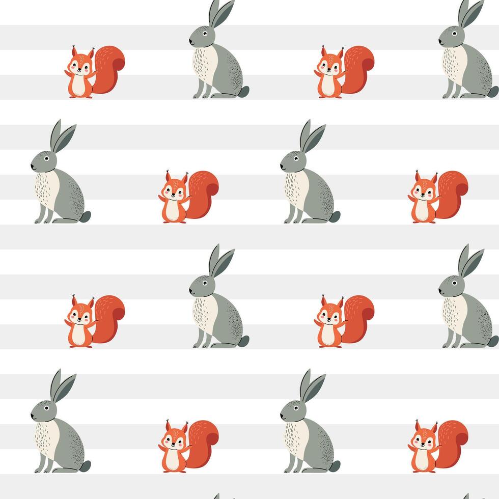Cute animals pattern. Seamless pattern with squirrel and hare. Wildlife backgrounds. vector