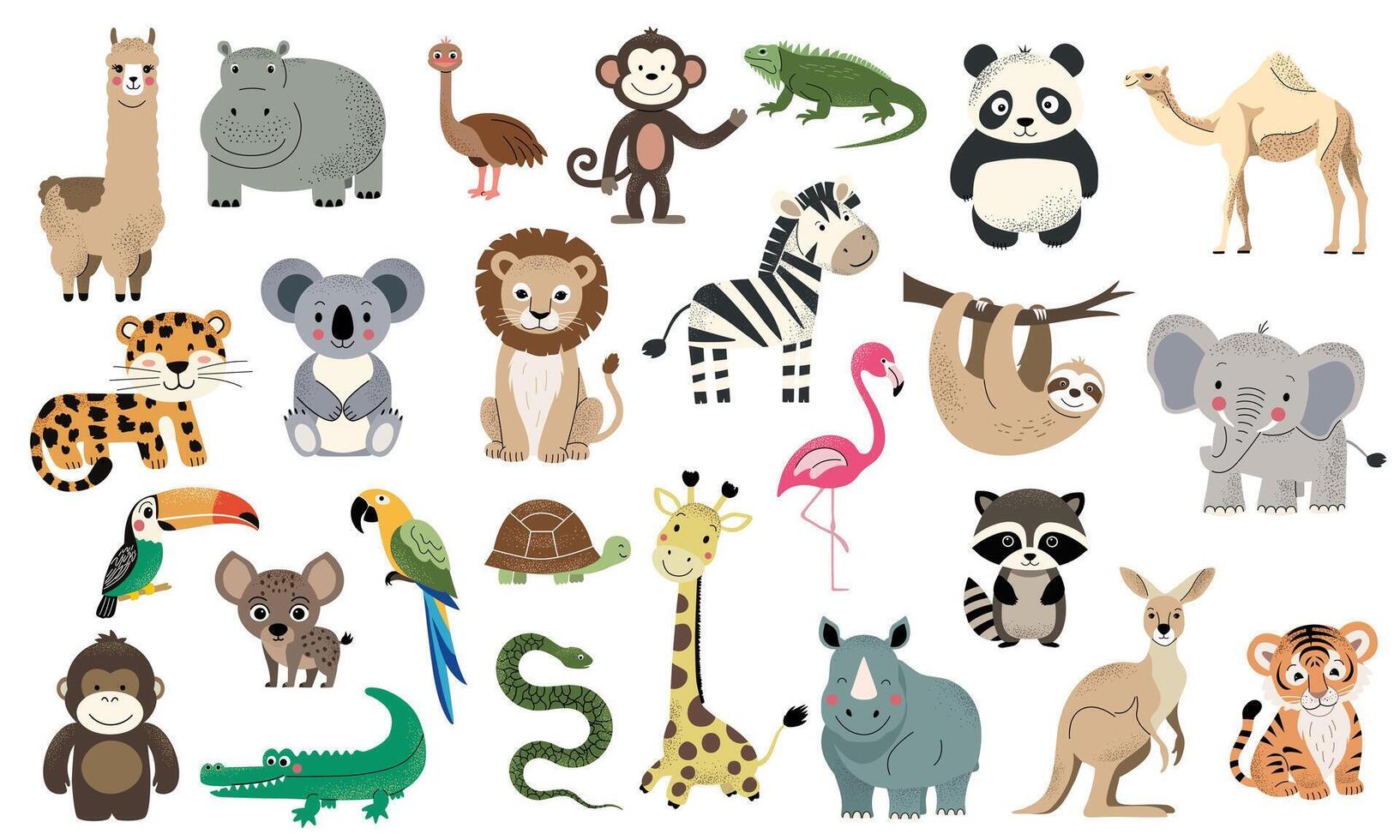 Wild jungle animals. African zebra, leopard, elephant, tiger, koala, lion. Hand drawn safari animals set. vector