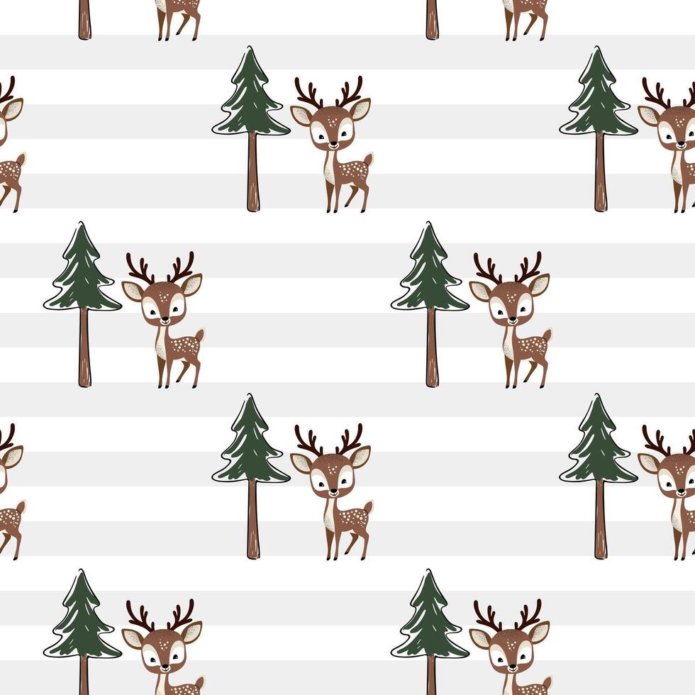 Seamless pattern with reindeer and pine. Cute animals pattern. Woodland. Wildlife backgrounds. vector