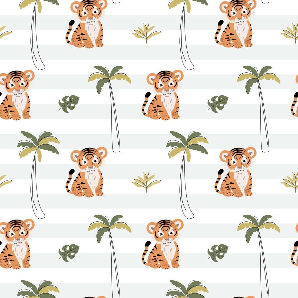 Seamless pattern with cute tiger and palm trees. Childish jungle background. Tropical wallpaper. vector