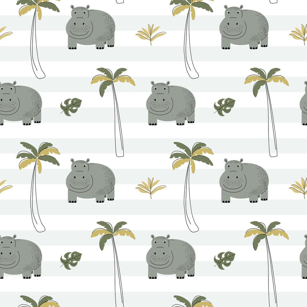 Seamless pattern with cute hippopotamus and palm trees. Childish jungle background. Tropical wallpaper. vector
