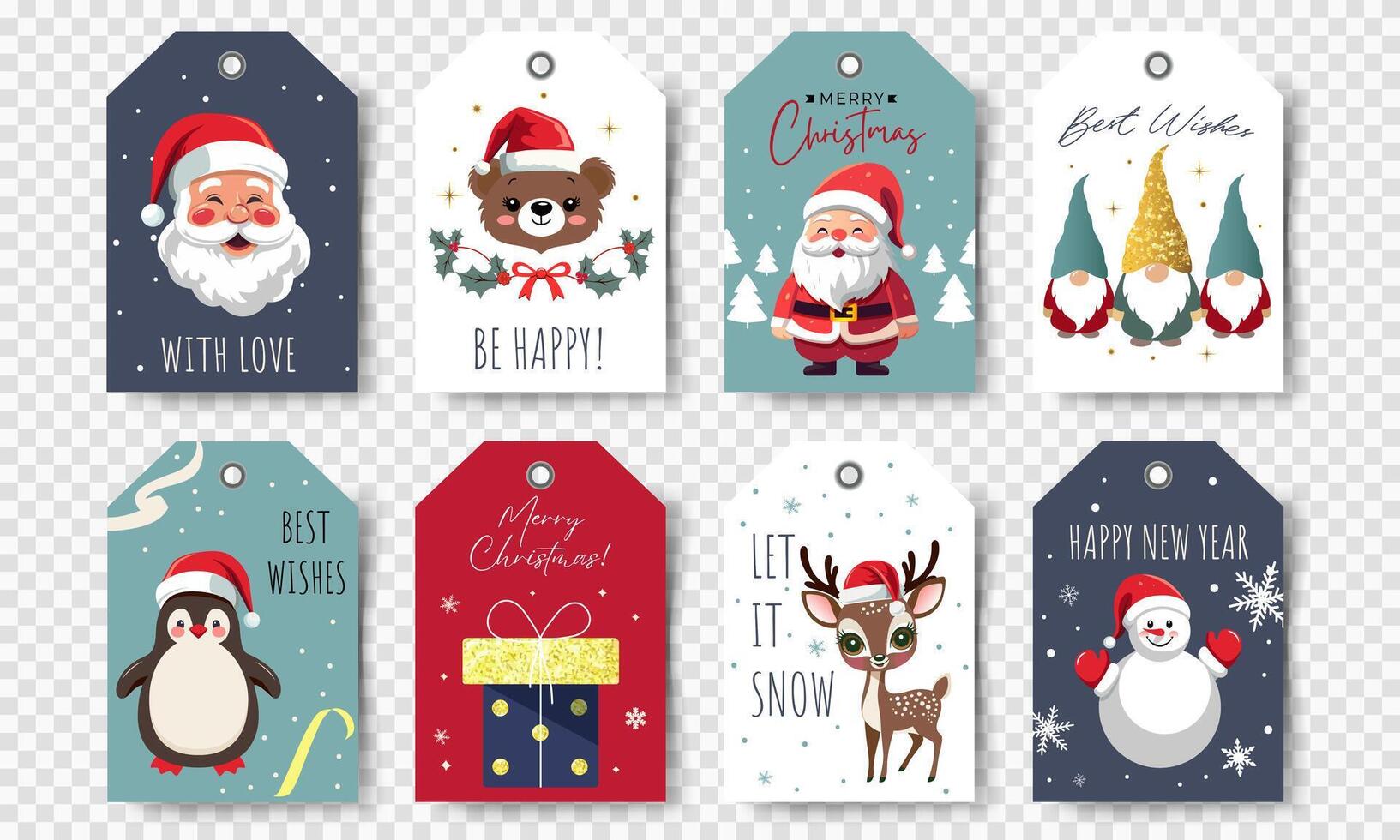 Christmas cards set with cute winter characters. Happy celebrate xmas tags, label, decorative elements. vector