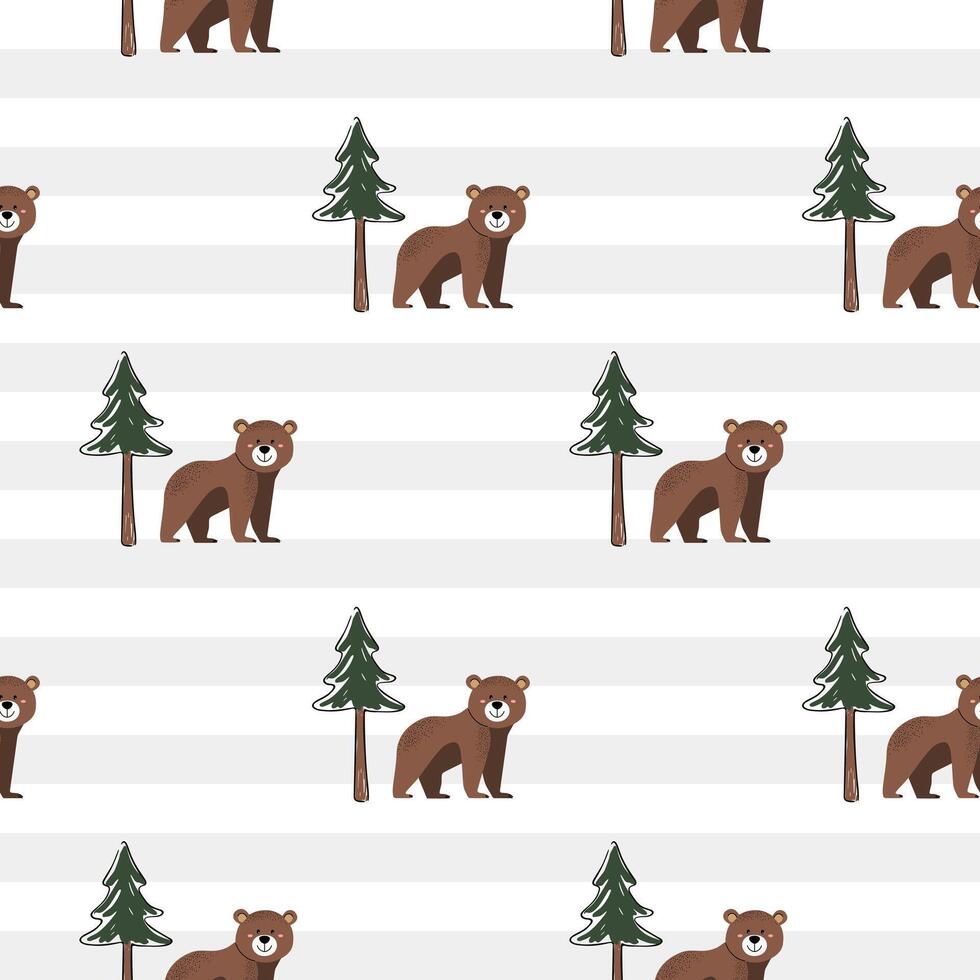 Seamless pattern with bear and pine. Cute animals pattern. Woodland. Wildlife backgrounds. vector