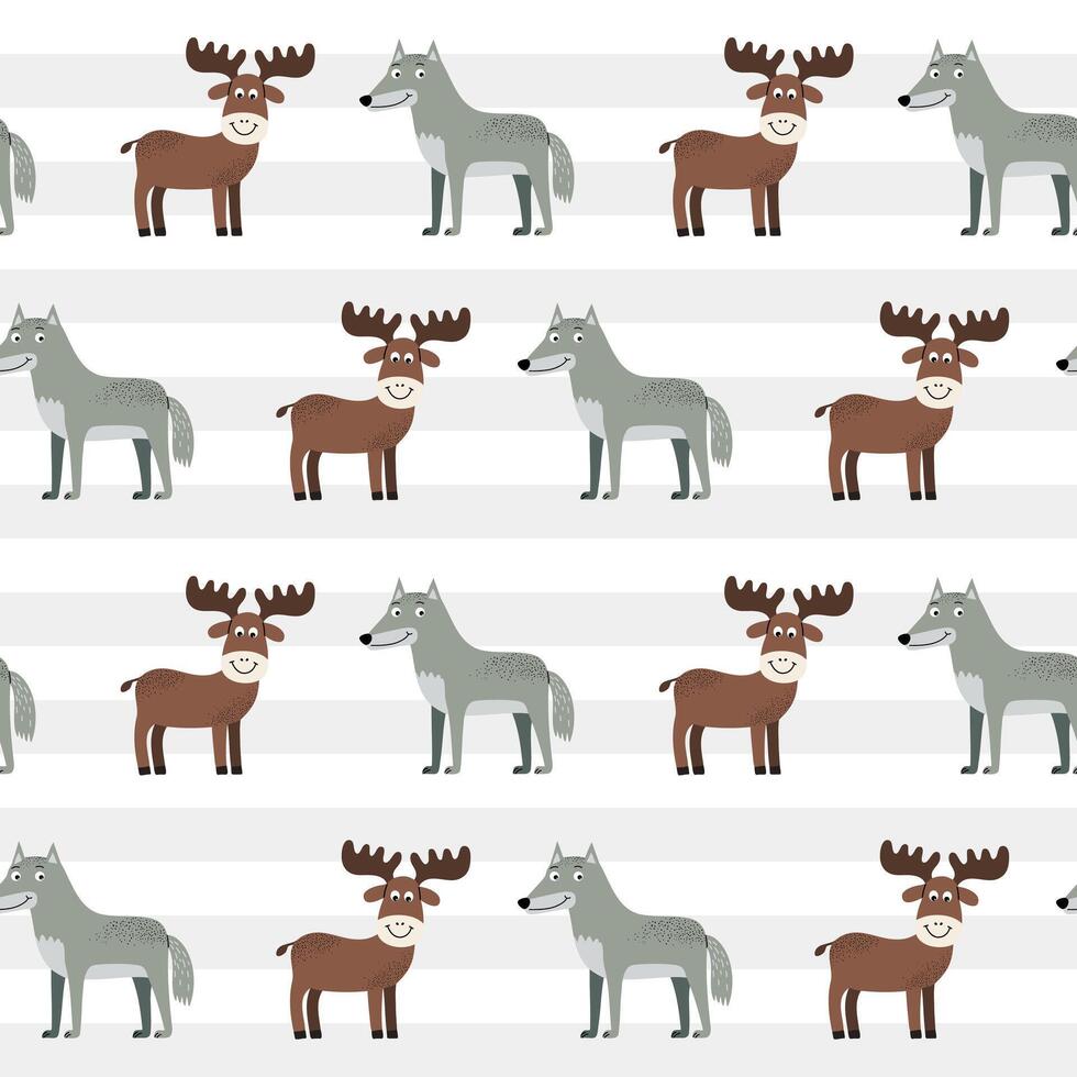 Cute animals pattern. Seamless pattern with wolf and elk. Wildlife backgrounds. vector