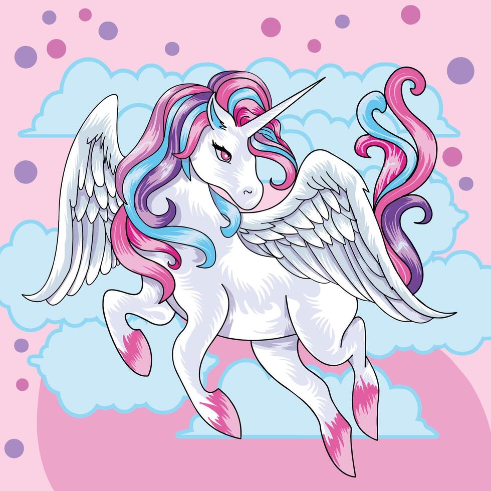 Pony in the clouds. Pink background. Beautiful print for clothes vector