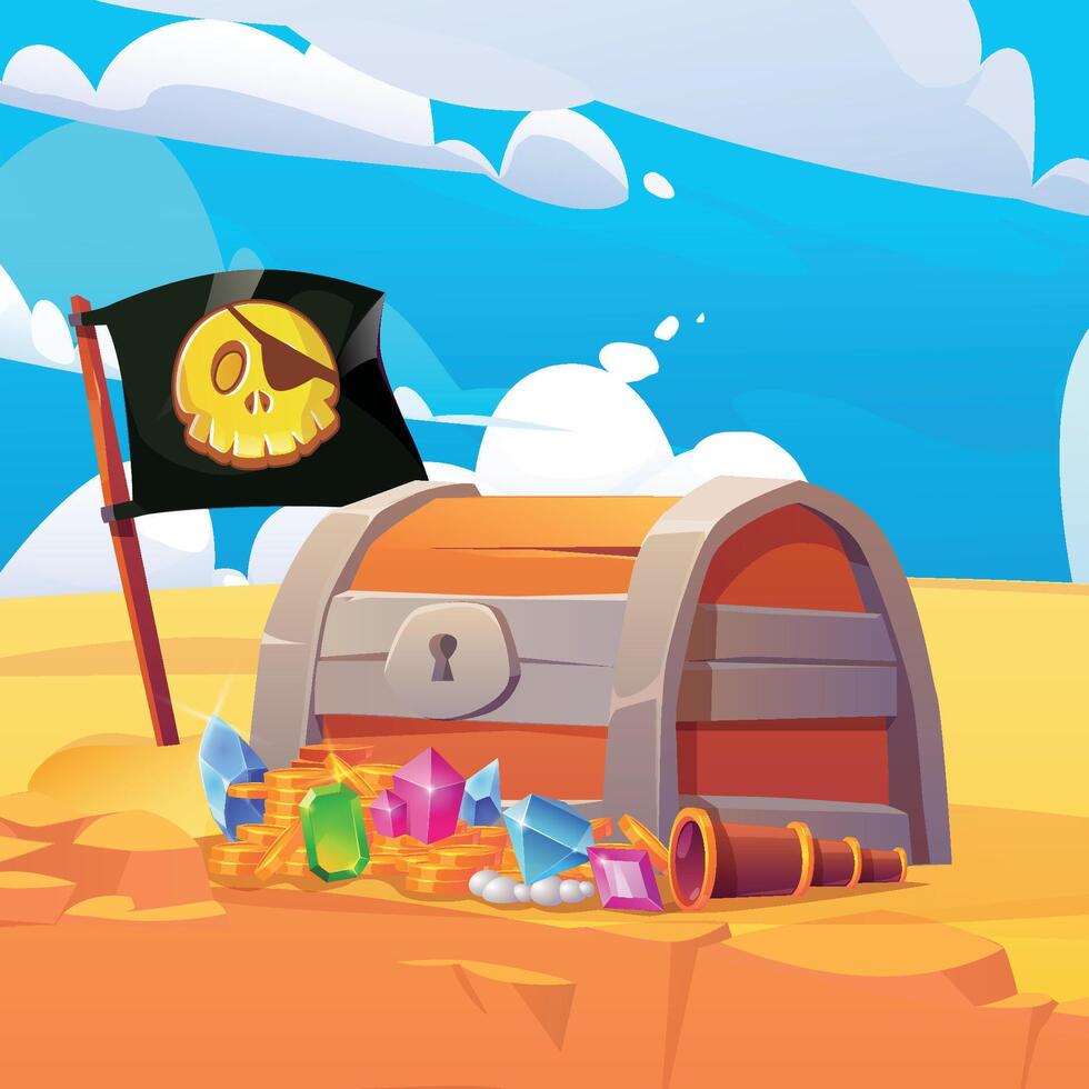 Treasure chest in the desert. Jolly Roger. Background. Pirate print vector