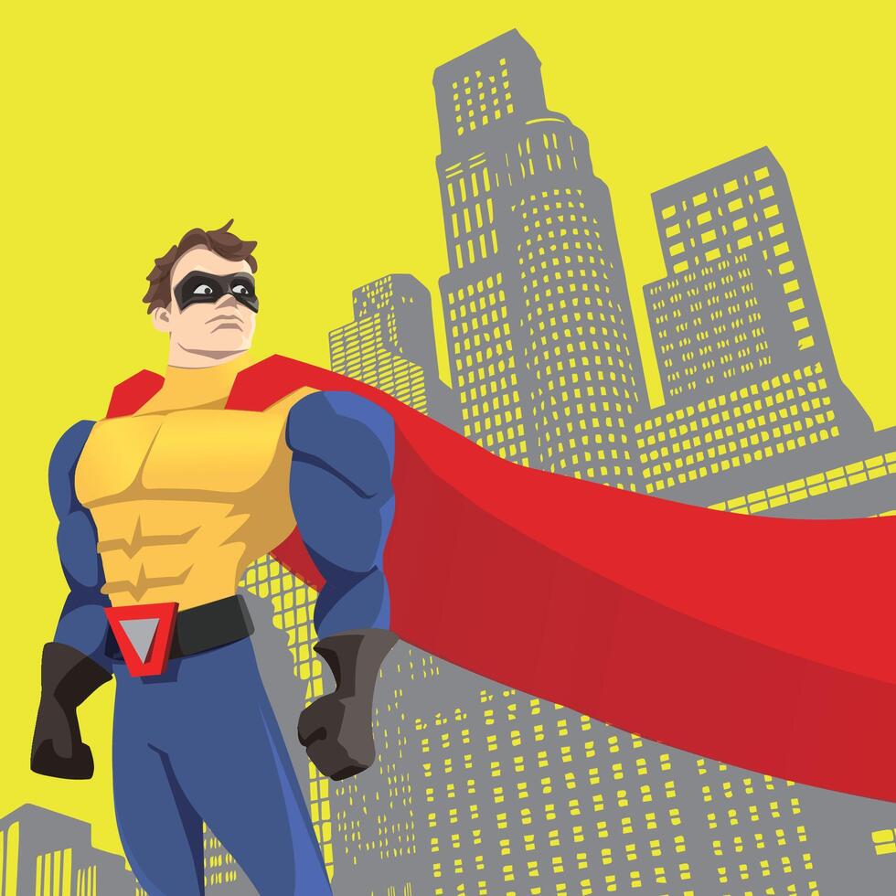 Super hero in a red cloak against the background of the city. Comics. Background. vector