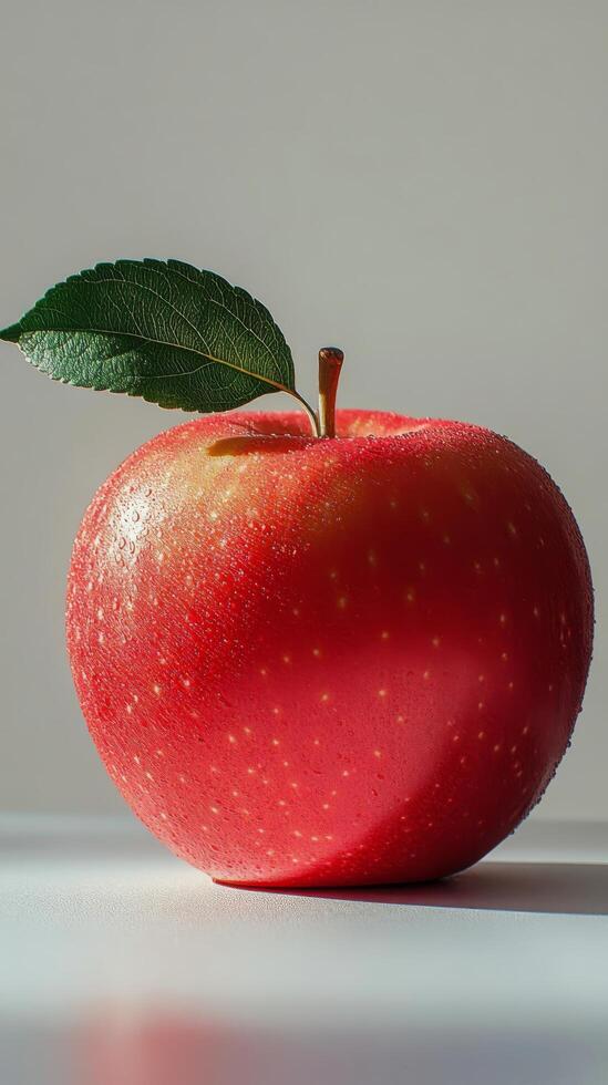 A fresh red apple with a green leaf resting on a white surface in natural light photo