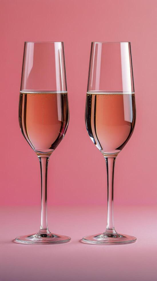 Two elegant champagne glasses filled with sparkling drink against a soft pink background photo