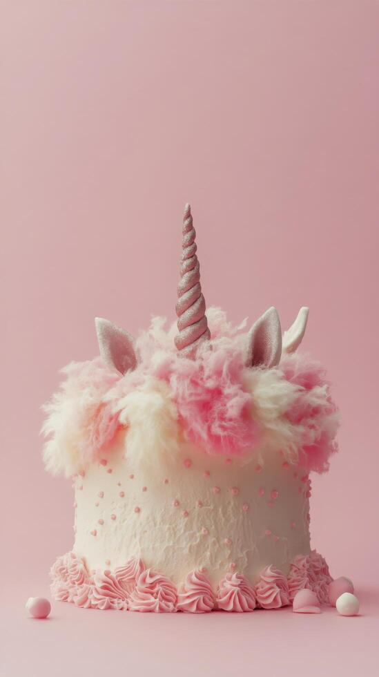 A whimsical unicorn sculpture made of cotton candy towers against a blue sky with fluffy clouds photo